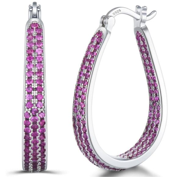 14K Yellow Gold Sterling Silver and Pink Tourmaline Cubic  14K White Gold Sterling Silver with Pink Tourmaline Cubic Zirconia Hoop Earrings